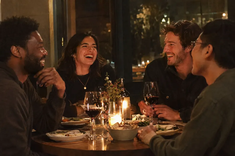 Friends laugh around a candlelit dinner table with wine glasses, a city glowing behind them.