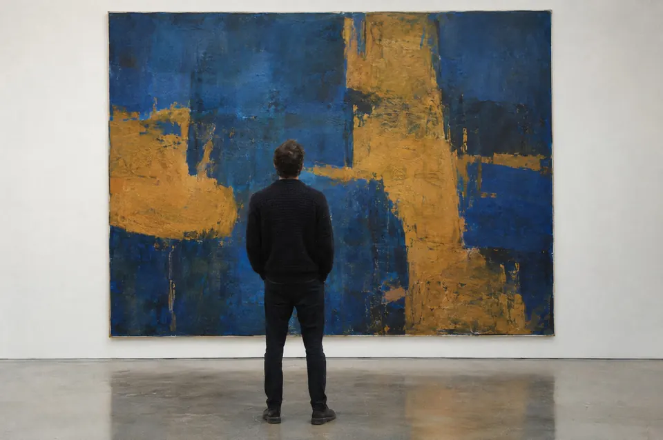 A man seen from behind stands before a large blue and ochre abstract painting in a white gallery.