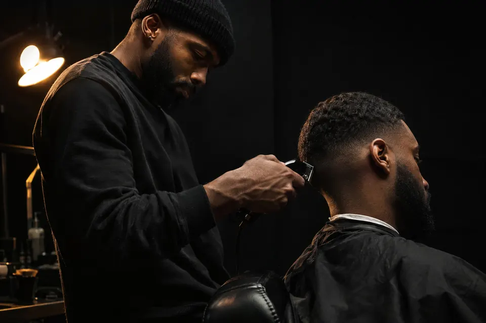 A barber in a black beanie trims a client’s hair in a dim, warm shop at night.