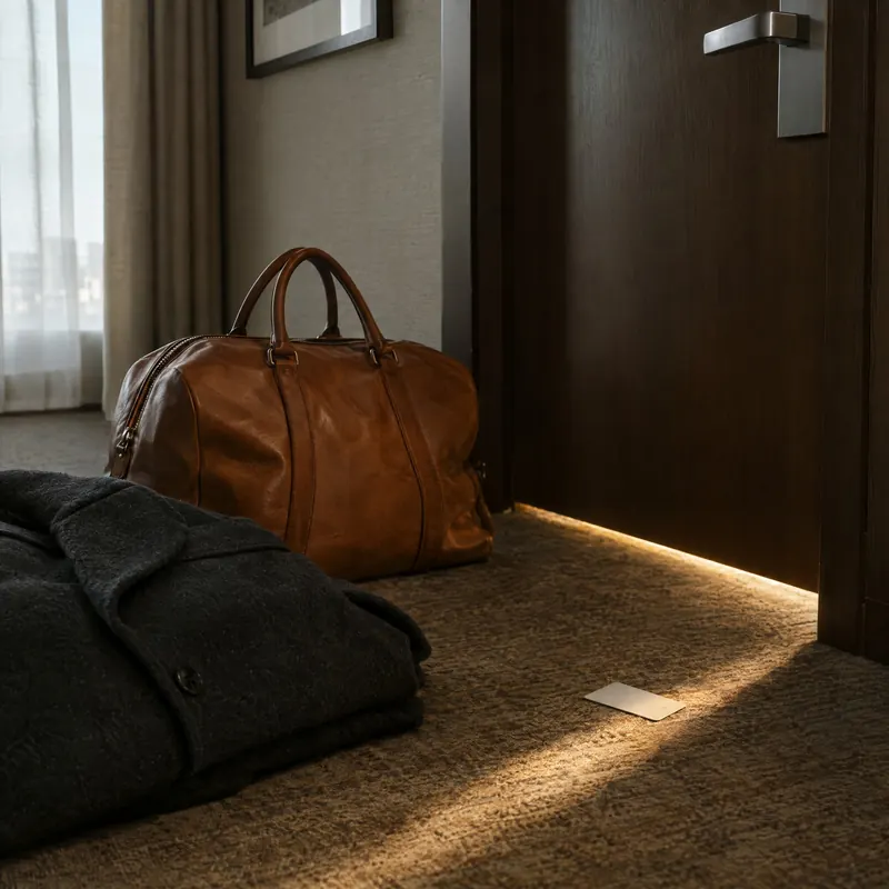 A tan leather duffel and folded coat on a hotel room floor, low light along the baseboard.