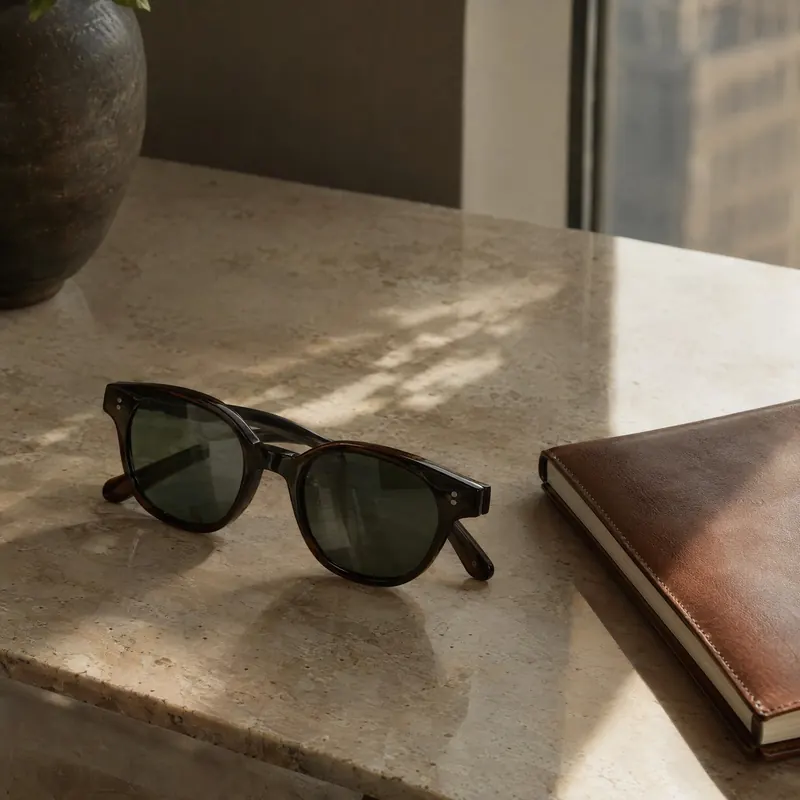 Black sunglasses and a leather notebook on a sunlit marble surface.