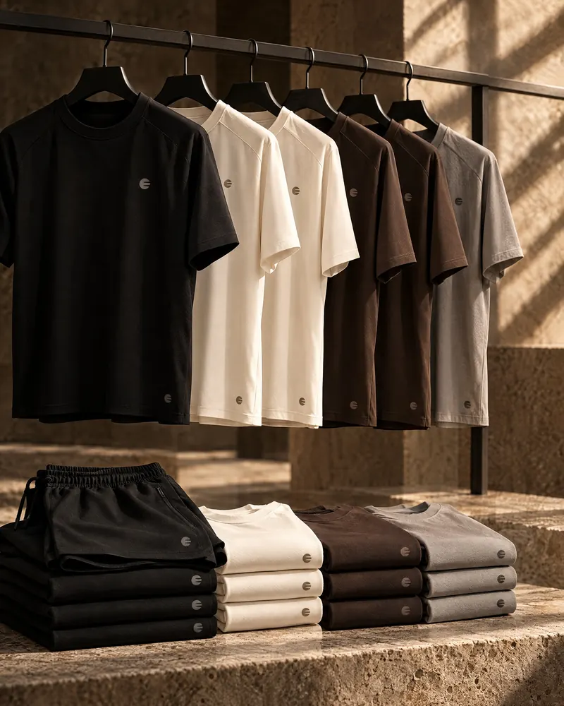 Concept render: EYEGASMIC performance tees on a rail and folded shorts in black, gallery, oud and stone, each with a small Circle E.