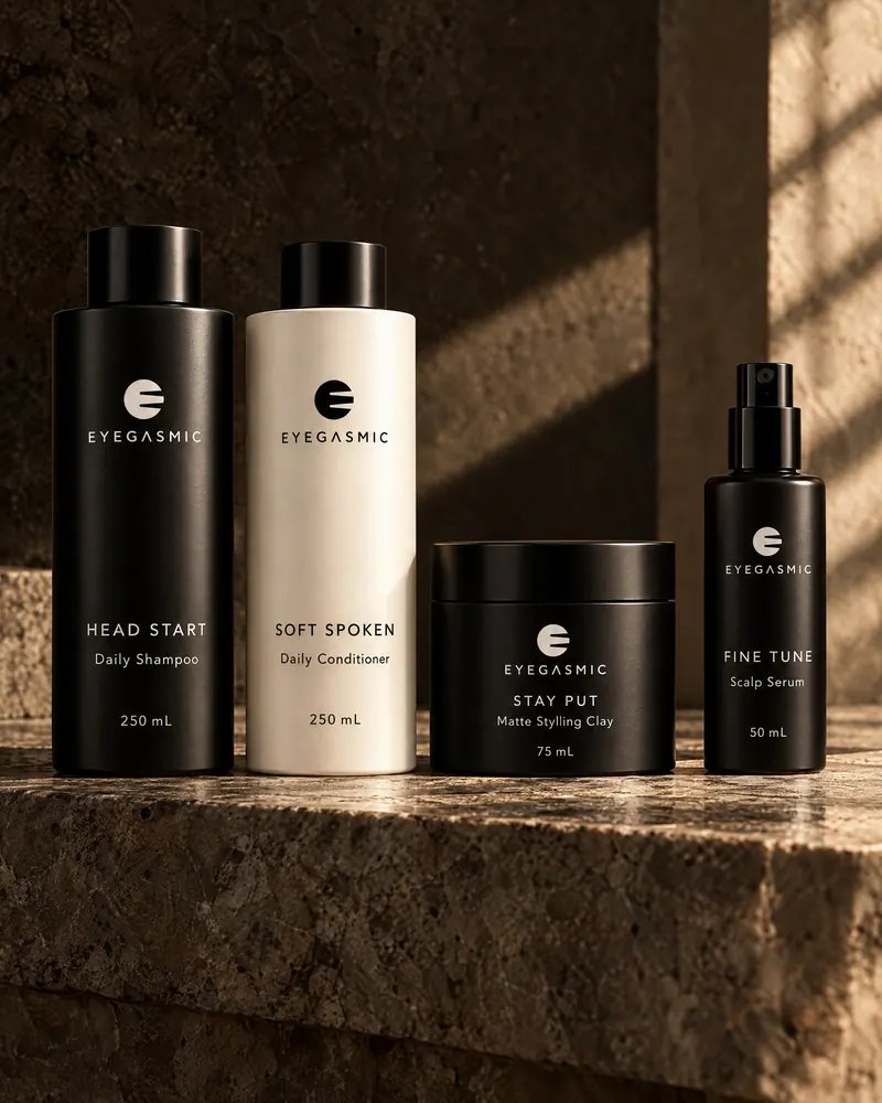 Concept render: the EYEGASMIC hair range in smoke and charcoal, Head Start, Soft Spoken, Stay Put and Fine Tune, on dark stone.