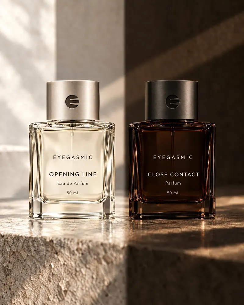 Concept render: two EYEGASMIC fragrance bottles, Opening Line for day and Close Contact for night, in architectural glass and metal.