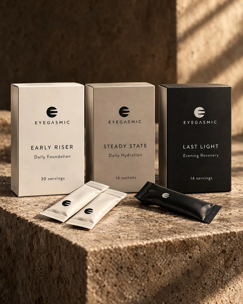 Concept render: the EYEGASMIC wellness range in gallery paper cartons with brushed aluminium accents and sachets.