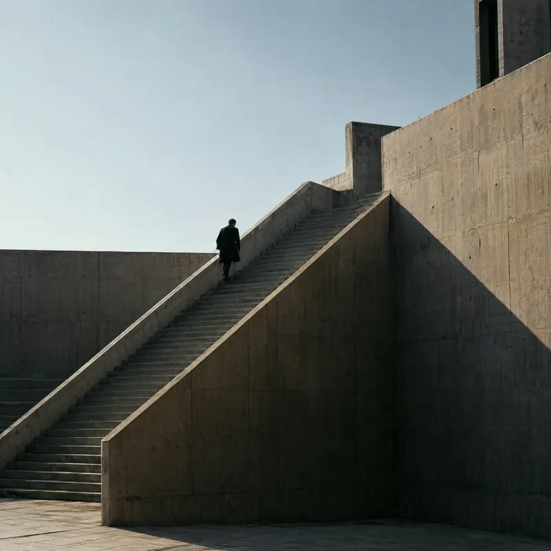 A lone figure climbs a long concrete staircase against a pale sky.