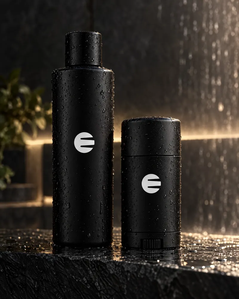 Concept render: two black bottles marked with the Circle E on wet stone, droplets catching light.