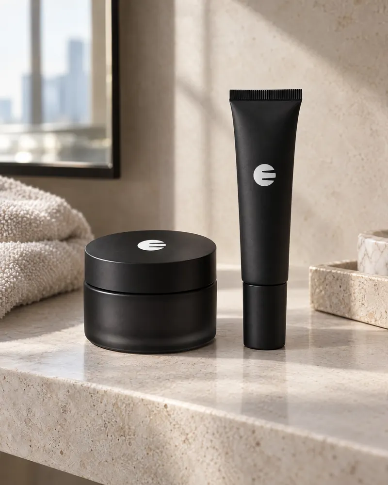 Concept render: a black jar and tube marked with the Circle E on a pale stone vanity beside a folded towel.