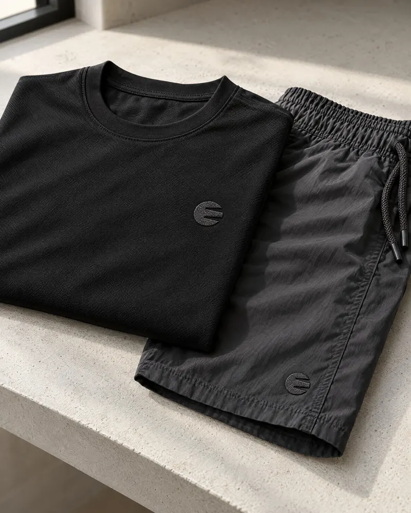 Concept render: a folded black tee and shorts with a small Circle E, on a pale surface.