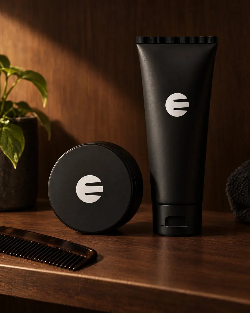 Concept render: a black tin and tube marked with the Circle E on dark walnut, a comb beside them.