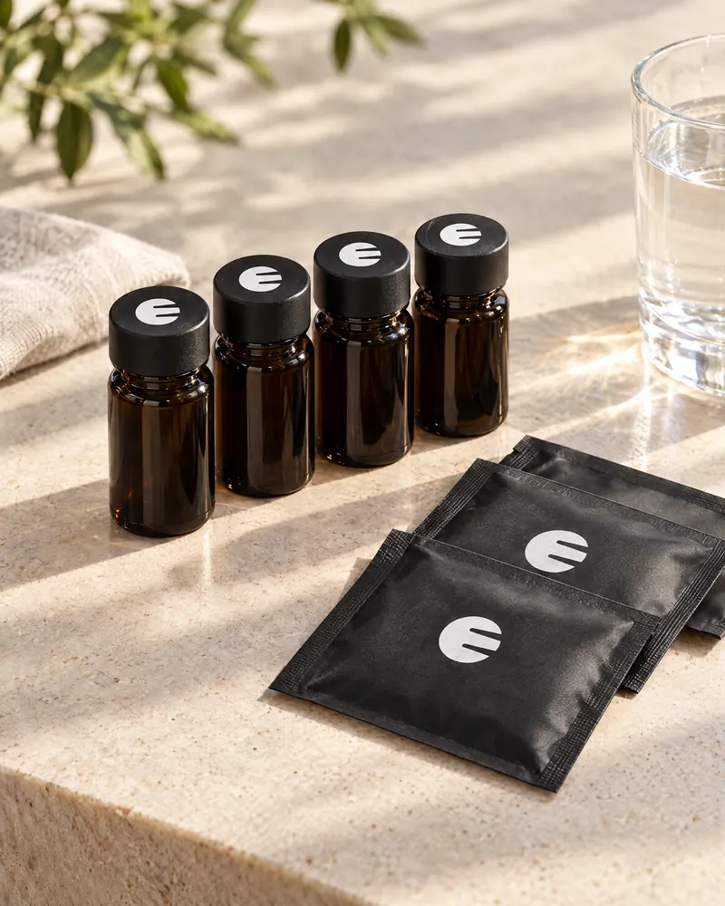 Concept render: small amber vials and black sachets marked with the Circle E on a sunlit counter.