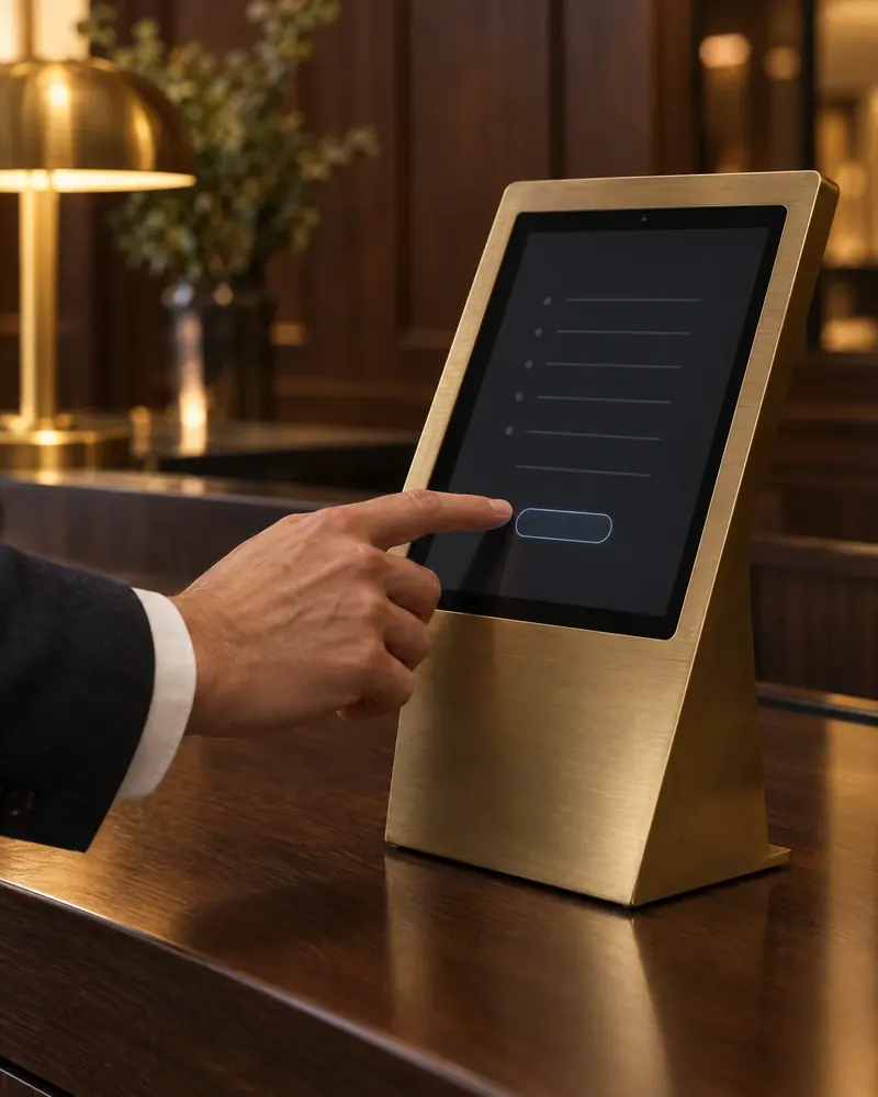 A hand taps an iPad on a brass stand: digital check-in at a planned EYEGASMIC clinic. Concept rendering.